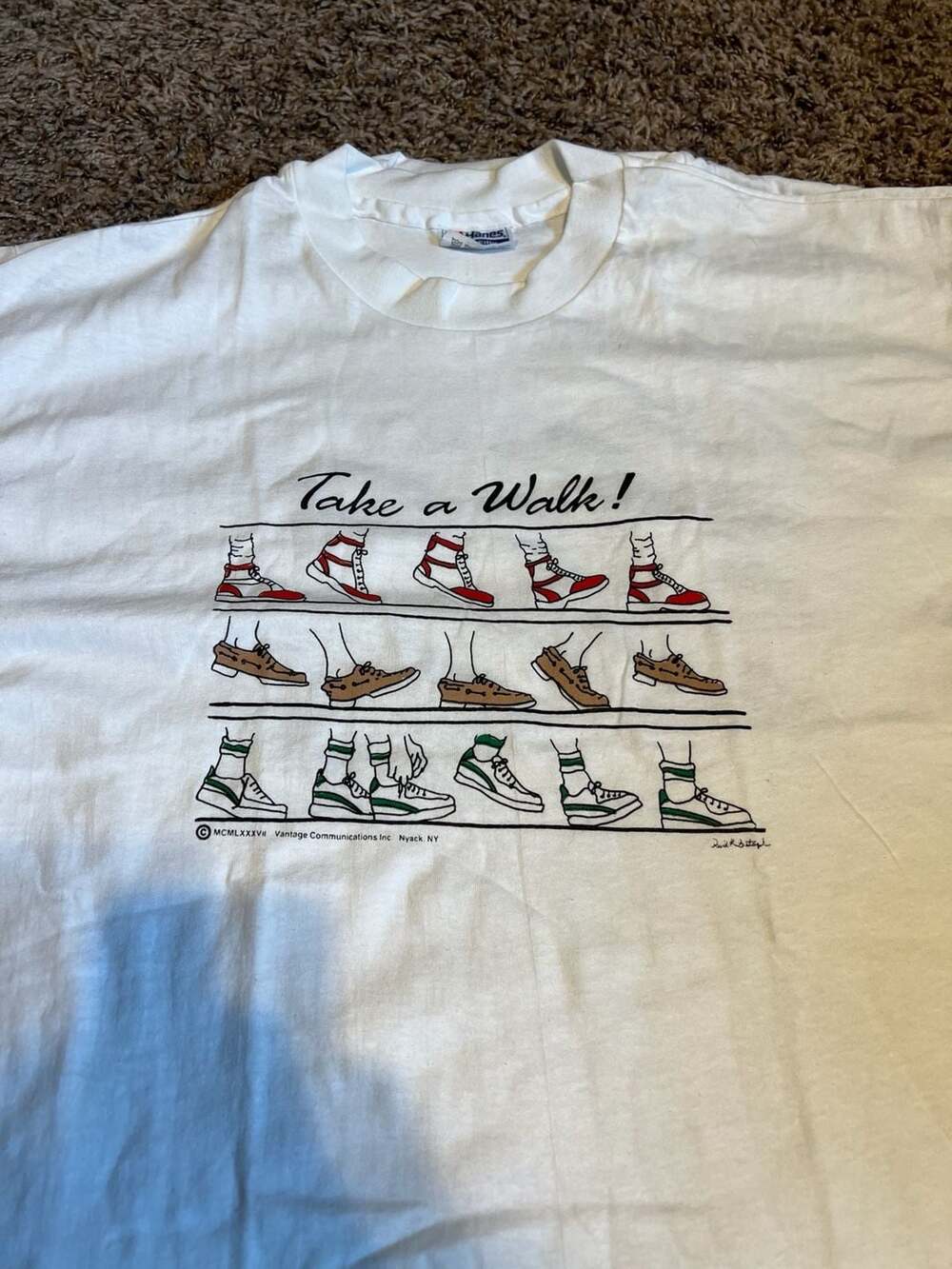 Vintage 1987 Take a Walk Graphic T-Shirt Hanes Fifty-Fifty White XL
